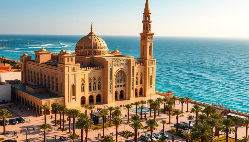 A grand and majestic Hassan II Mosque, standing proudly on the coastline of Casablanca, Morocco. The massive structure, with its ornate minaret and intricate architectural details, is captured in a wide-angle shot that showcases its sheer scale and grandeur. Warm, golden sunlight bathes the building, casting dramatic shadows and highlights that accentuate the intricate carvings and patterns adorning the façade. In the foreground, a bustling plaza with palm trees and pedestrians, creating a lively and vibrant scene. In the background, the azure waters of the Atlantic Ocean stretch out, providing a serene and calming contrast. This iconic landmark, captured by the MyVisitMorocco camera, represents the modern and dynamic spirit of Casablanca, the economic heart of Morocco.