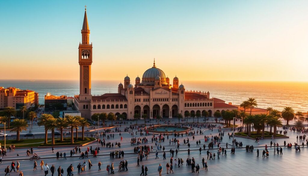 A grand and majestic Hassan II Mosque, standing proudly on the coastline of Casablanca, Morocco. The massive structure, with its ornate minaret and intricate architectural details, is bathed in warm, golden light from the setting sun. The foreground is a bustling, pedestrian-filled plaza, with people enjoying the vibrant energy of the city. In the background, the Atlantic Ocean shimmers, creating a serene and calming contrast. The scene exudes a sense of timeless elegance and cultural heritage, perfectly capturing the essence of Casablanca's blend of tradition and modernity. MyVisitMorocco