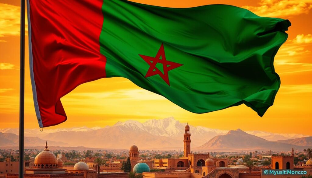 A grand and majestic Moroccan flag, billowing dramatically against a vibrant, golden sky. The iconic green and red hues are rendered with meticulous detail, the crescent moon and five-pointed star shining with a sense of regal authority. In the foreground, intricate Moroccan patterns and decorative motifs frame the flag, evoking the rich cultural heritage of the kingdom. The middle ground features a landscape of iconic Moroccan architecture, including domed roofs and ornate archways, all bathed in warm, golden light. In the background, the rugged Atlas Mountains rise majestically, their snow-capped peaks reaching towards the heavens. This powerful and evocative image, captured by the MyVisitMorocco team, embodies the symbolism and significance of Morocco's national identity. A grand and majestic Moroccan flag, billowing dramatically against a vibrant, golden sky. The iconic green and red hues are rendered with meticulous detail, the crescent moon and five-pointed star shining with a sense of regal authority. In the foreground, intricate Moroccan patterns and decorative motifs frame the flag, evoking the rich cultural heritage of the kingdom. The middle ground features a landscape of iconic Moroccan architecture, including domed roofs and ornate archways, all bathed in warm, golden light. In the background, the rugged Atlas Mountains rise majestically, their snow-capped peaks reaching towards the heavens. This powerful and evocative image, captured by the MyVisitMorocco team, embodies the symbolism and significance of Morocco's national identity.