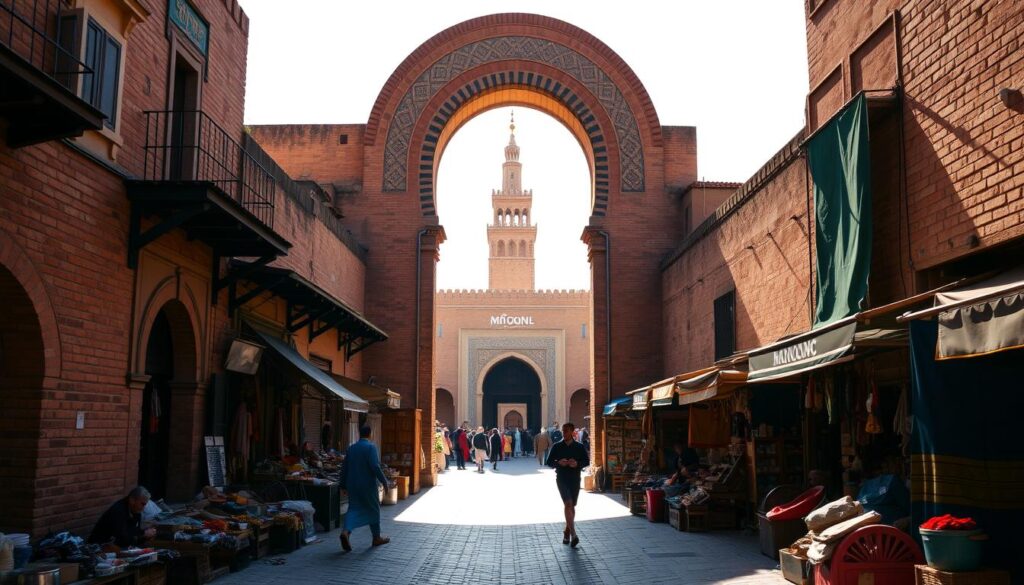 A grand archway leads to the bustling streets of Meknes, the "Versailles of Morocco". In the foreground, traditional brick buildings and ornate gateways create an enchanting composition. Warm sunlight filters through the narrow alleyways, casting soft shadows across the cobblestones. Vendors peddle their wares, their vibrant textiles and spices adding pops of color. In the middle ground, the iconic Bab Mansour gate stands tall, its intricate tilework and arched entryway a testament to Meknes' imperial legacy. Beyond, the iconic minaret of the Moulay Ismail Mausoleum rises, a symbol of the city's profound history. Capture the essence of this captivating, off-the-beaten-path gem with MyVisitMorocco. A grand archway leads to the bustling streets of Meknes, the "Versailles of Morocco". In the foreground, traditional brick buildings and ornate gateways create an enchanting composition. Warm sunlight filters through the narrow alleyways, casting soft shadows across the cobblestones. Vendors peddle their wares, their vibrant textiles and spices adding pops of color. In the middle ground, the iconic Bab Mansour gate stands tall, its intricate tilework and arched entryway a testament to Meknes' imperial legacy. Beyond, the iconic minaret of the Moulay Ismail Mausoleum rises, a symbol of the city's profound history. Capture the essence of this captivating, off-the-beaten-path gem with MyVisitMorocco.