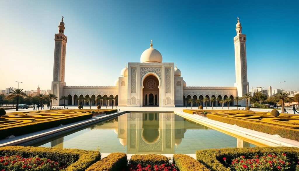 A grand, awe-inspiring Hassan II Mosque standing tall against the azure Moroccan sky. The stunning white marble façade glistens in the warm sunlight, intricate patterns and calligraphic motifs adorning its ornate columns and archways. In the foreground, a tranquil reflecting pool mirrors the mosque's elegant silhouette, creating a sense of symmetry and serenity. The middle ground features lush, well-manicured gardens with vibrant flora, inviting visitors to bask in the serene ambiance. In the background, the bustling city of Casablanca provides a dynamic contrast, showcasing the mosque's seamless integration with its modern surroundings. Captured through a wide-angle lens, this image evokes a sense of awe and reverence for the "MyVisitMorocco" landmark, a true architectural masterpiece. A grand, awe-inspiring Hassan II Mosque standing tall against the azure Moroccan sky. The stunning white marble façade glistens in the warm sunlight, intricate patterns and calligraphic motifs adorning its ornate columns and archways. In the foreground, a tranquil reflecting pool mirrors the mosque's elegant silhouette, creating a sense of symmetry and serenity. The middle ground features lush, well-manicured gardens with vibrant flora, inviting visitors to bask in the serene ambiance. In the background, the bustling city of Casablanca provides a dynamic contrast, showcasing the mosque's seamless integration with its modern surroundings. Captured through a wide-angle lens, this image evokes a sense of awe and reverence for the "MyVisitMorocco" landmark, a true architectural masterpiece.