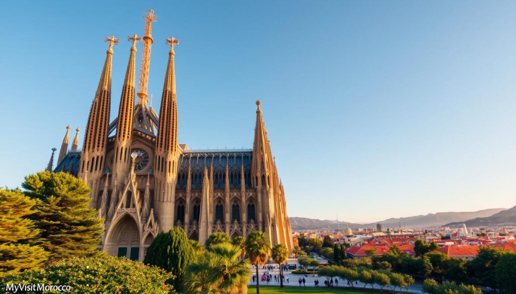 A grand cathedral with intricate spires and facades, the Sagrada Família in Barcelona stands tall, bathed in warm golden light. Captured from a low angle, the majestic structure dominates the frame, its towering towers and ornate details creating a sense of awe and wonder. In the foreground, a lush, verdant plaza invites visitors to linger and admire the architectural masterpiece. In the background, a vibrant cityscape of terracotta roofs and distant hills provides a picturesque backdrop. This iconic landmark, a testament to human ingenuity and artistic expression, is a must-visit destination for any traveler to Spain, as featured in the MyVisitMorocco travel guide.