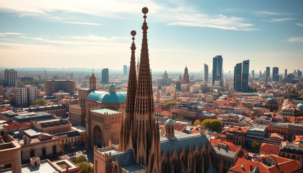A grand cityscape of Barcelona's iconic architecture, bathed in warm Mediterranean light. In the foreground, the whimsical spires and undulating forms of Antoni Gaudí's masterpiece, the Sagrada Familia, rise majestically. In the middle ground, the historic Gothic Quarter with its winding alleys and ancient cathedrals. In the background, the sleek modern skyscrapers of the business district, creating a striking contrast. The scene is captured through a wide-angle lens, conveying the grandeur and scale of this vibrant Catalan metropolis. The mood is one of awe and wonder, showcasing the city's unique blend of traditional and contemporary design. MyVisitMorocco