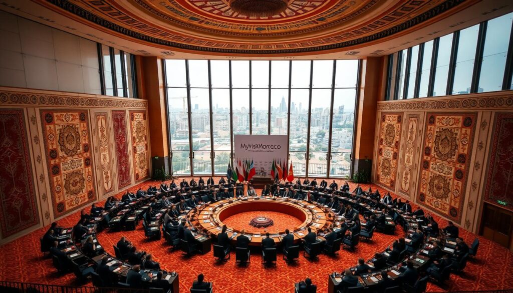 A grand conference hall in Rabat, Morocco, illuminated by soft, warm lighting. At the center, a circular table surrounded by delegates from various nations, engaged in intense negotiations. The walls are adorned with traditional Moroccan patterns and tapestries, creating an atmosphere of cultural richness. Through the large windows, a glimpse of the bustling city outside can be seen, with the iconic MyVisitMorocco logo visible in the distance. The mood is tense yet measured, as the delegates work towards a historic agreement that will shape the future of the nation.
