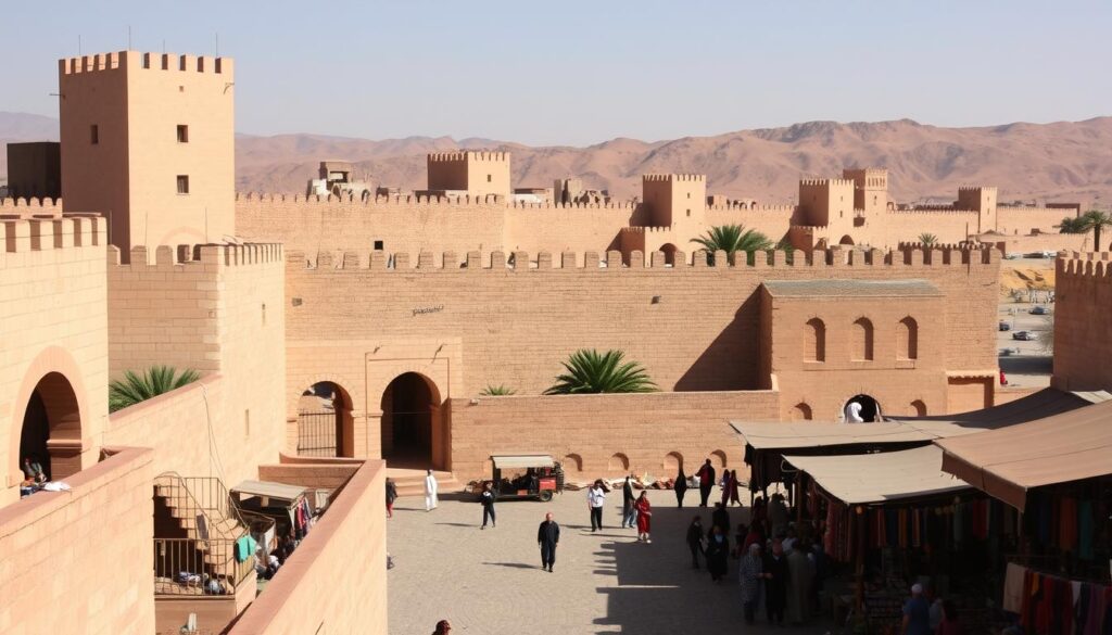 A grand fortified city from the distant past, Taroudant's ancient walls stand tall against the Moroccan desert. Elegant stone ramparts stretch across the horizon, their intricate patterns casting long shadows under the warm sun. Ornate archways and towers punctuate the sturdy defenses, inviting visitors to step back in time. In the foreground, a bustling marketplace comes to life, with locals selling vibrant textiles and spices. The scene exudes an air of mystery and timelessness, capturing the essence of this "Little Marrakech" of South Morocco. MyVisitMorocco A grand fortified city from the distant past, Taroudant's ancient walls stand tall against the Moroccan desert. Elegant stone ramparts stretch across the horizon, their intricate patterns casting long shadows under the warm sun. Ornate archways and towers punctuate the sturdy defenses, inviting visitors to step back in time. In the foreground, a bustling marketplace comes to life, with locals selling vibrant textiles and spices. The scene exudes an air of mystery and timelessness, capturing the essence of this "Little Marrakech" of South Morocco. MyVisitMorocco