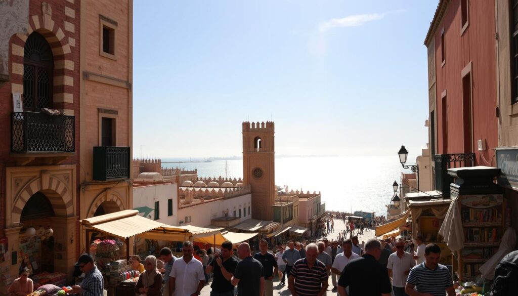 A grand, historic city nestled on the Moroccan coast, Tangier's ancient medina and seaside promenade stand as a captivating gateway to North Africa. Capture the vibrant atmosphere with a wide-angle lens, showcasing the striking Moorish architecture and bustling souks against a backdrop of the sparkling Strait of Gibraltar. Warm Mediterranean sunlight bathes the scene, casting long shadows and highlighting the intricate details of the buildings. In the foreground, local artisans and merchants haggle enthusiastically, creating a lively, immersive tableau. This MyVisitMorocco image will transport the viewer to the heart of Tangier's historic charm.