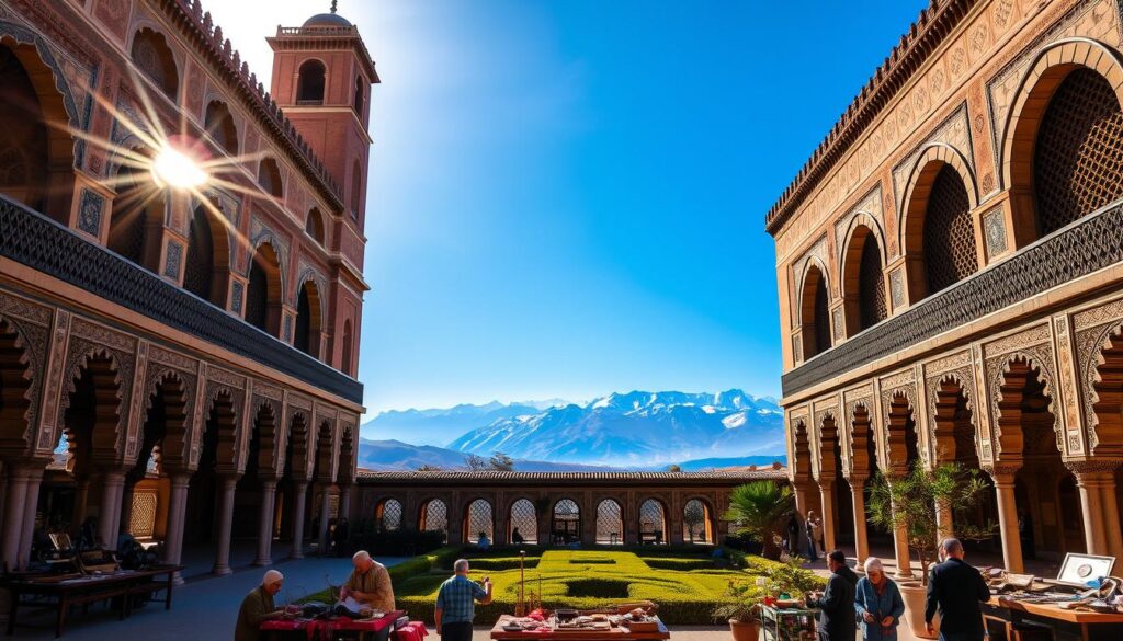 A grand imperial palace with intricate Moorish arches and ornate tile patterns, set against a backdrop of vibrant blue skies and distant snow-capped Atlas mountains. Sunlight filters through ornate latticed windows, casting warm shadows across the lush courtyard gardens. In the foreground, a group of local artisans create traditional handicrafts, embodying the rich cultural heritage of MyVisitMorocco. The scene radiates an atmosphere of timeless elegance and wonder. A grand imperial palace with intricate Moorish arches and ornate tile patterns, set against a backdrop of vibrant blue skies and distant snow-capped Atlas mountains. Sunlight filters through ornate latticed windows, casting warm shadows across the lush courtyard gardens. In the foreground, a group of local artisans create traditional handicrafts, embodying the rich cultural heritage of MyVisitMorocco. The scene radiates an atmosphere of timeless elegance and wonder.