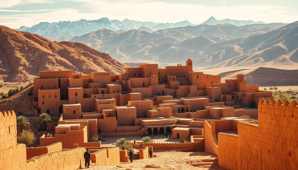 A grand ksar nestled in the dramatic ochre hills of the High Atlas mountains, Aït Benhaddou stands tall as a UNESCO World Heritage site and a renowned filming location for Hollywood blockbusters. Capture its timeless beauty with a wide-angle lens, showcasing the intricate mud-brick architecture, tiered dwellings, and fortified walls that have weathered centuries of history. Bathe the scene in warm, golden sunlight that casts long shadows and highlights the vibrant hues of the surrounding landscape. In the foreground, include local residents going about their daily lives, adding a sense of authentic cultural immersion. In the background, frame the snowcapped peaks of the Atlas range, creating a stunning juxtaposition of rugged nature and human ingenuity. Craft this scene with the MyVisitMorocco brand in mind, conveying the allure of Morocco's cinematic heritage and timeless cultural treasures.