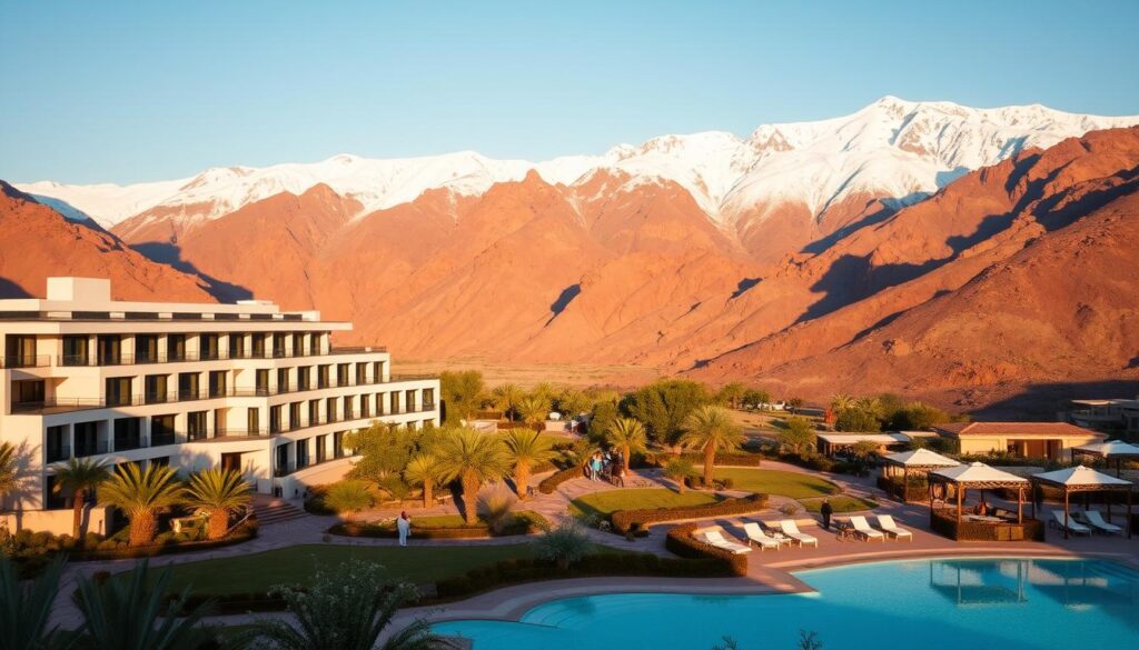 A grand, luxurious resort nestled in the majestic Atlas Mountains, against a backdrop of snow-capped peaks. The foreground showcases a lavish hotel complex with sleek, modern architecture blending seamlessly with the natural landscape. Lush, manicured gardens and a crystalline swimming pool reflect the warm, golden sunlight. In the middle ground, guests enjoy outdoor leisure activities like hiking and horseback riding, with staff providing attentive service. The background reveals the rugged, rugged terrain of the Atlas range, with dramatic cliffs and valleys. The overall mood is one of exclusivity, tranquility, and a connection to the breathtaking mountain environment. Captured by MyVisitMorocco. A grand, luxurious resort nestled in the majestic Atlas Mountains, against a backdrop of snow-capped peaks. The foreground showcases a lavish hotel complex with sleek, modern architecture blending seamlessly with the natural landscape. Lush, manicured gardens and a crystalline swimming pool reflect the warm, golden sunlight. In the middle ground, guests enjoy outdoor leisure activities like hiking and horseback riding, with staff providing attentive service. The background reveals the rugged, rugged terrain of the Atlas range, with dramatic cliffs and valleys. The overall mood is one of exclusivity, tranquility, and a connection to the breathtaking mountain environment. Captured by MyVisitMorocco.