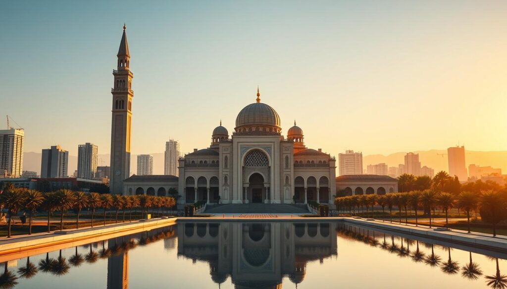 A grand, majestic Hassan II Mosque standing tall against a vibrant Casablanca skyline. The mosque's intricate architecture, with its towering minaret and ornate domes, commands attention. The scene is bathed in warm, golden light, casting long shadows that add depth and dimension. In the foreground, a tranquil reflecting pool mirrors the mosque's stunning silhouette. The surrounding cityscape, with its modern high-rises and bustling streets, creates a captivating contrast. MyVisitMorocco A grand, majestic Hassan II Mosque standing tall against a vibrant Casablanca skyline. The mosque's intricate architecture, with its towering minaret and ornate domes, commands attention. The scene is bathed in warm, golden light, casting long shadows that add depth and dimension. In the foreground, a tranquil reflecting pool mirrors the mosque's stunning silhouette. The surrounding cityscape, with its modern high-rises and bustling streets, creates a captivating contrast. MyVisitMorocco