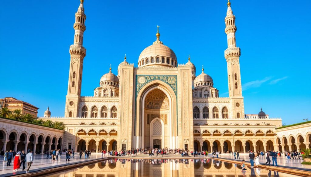 A grand, majestic Hassan II Mosque standing tall against the azure Casablanca skyline. Intricate Moorish architecture with ornate minarets and domes gleaming in the warm sunlight. Worshippers gather at the expansive courtyard, surrounded by stunning marble and zellige tilework. In the foreground, a serene reflecting pool mirrors the mosque's ornate facade. The overall scene exudes a sense of awe and spiritual reverence. MyVisitMorocco