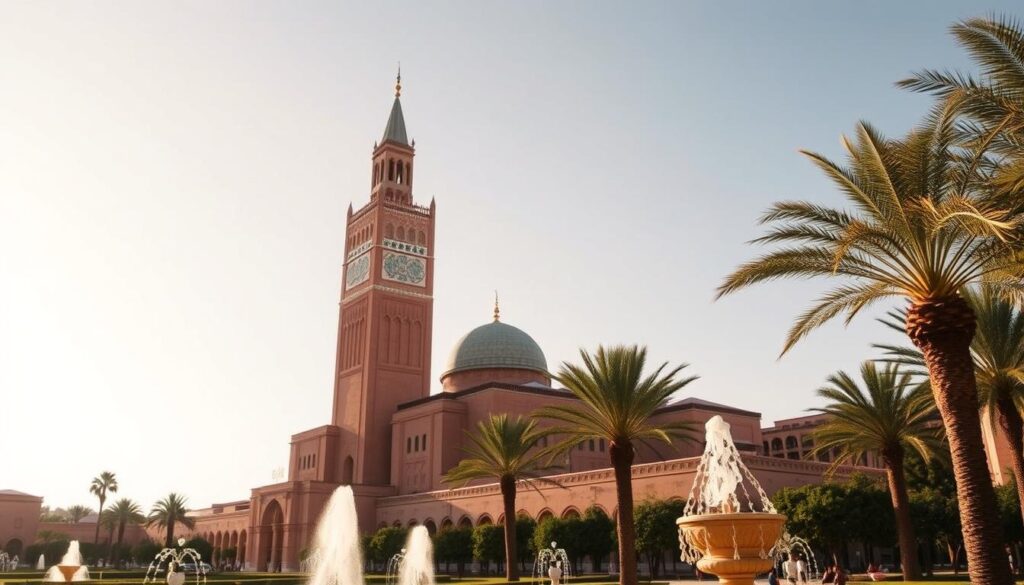 A grand, majestic Koutoubia Mosque rising against the clear Marrakech sky, its iconic minaret towering over the bustling city below. The warm, golden light of the afternoon sun casts long shadows across the intricate, Moorish architecture, highlighting the stunning details of the facade. In the foreground, a lush, tranquil garden with ornate fountains and swaying palm trees, creating a serene, picturesque setting. The overall scene conveys a sense of timeless, cultural richness and the enduring legacy of Moroccan heritage. MyVisitMorocco