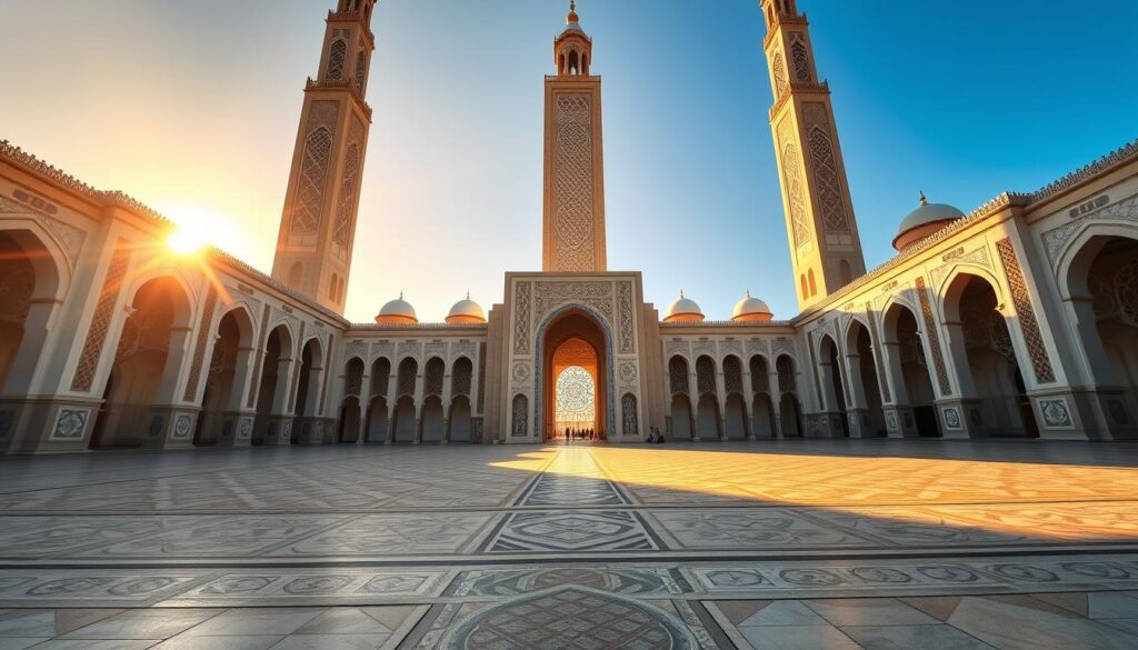 A grand, majestic mosque situated in the heart of Casablanca, Morocco. The Hassan II Mosque, designed by architect Michel Pinseau, stands tall with its stunning minaret reaching skyward. Intricate Islamic calligraphy and ornate details adorn the facade, casting long shadows in the warm, golden light of the afternoon sun. The vast, symmetrical courtyard is paved with intricate mosaics, leading visitors towards the grand entryway. Beyond, the interior is illuminated by natural light filtering through stained glass windows, creating a serene and contemplative atmosphere. MyVisitMorocco