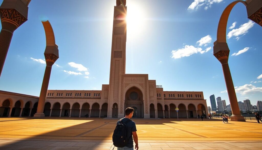 A grand, majestic mosque standing tall against the Casablanca skyline, the Hassan II Mosque commands attention with its intricate architectural details and towering minaret. Sunlight filters through the ornate arched windows, casting a warm, ethereal glow across the expansive courtyard. In the foreground, a MyVisitMorocco visitor explores the serene grounds, capturing the grandeur of this iconic Moroccan landmark. The middle-ground showcases the mosque's breathtaking façade, its ornate carvings and mosaics reflecting the rich cultural heritage of the region. In the distance, the modern cityscape provides a captivating contrast, highlighting Casablanca's status as Morocco's economic hub. A grand, majestic mosque standing tall against the Casablanca skyline, the Hassan II Mosque commands attention with its intricate architectural details and towering minaret. Sunlight filters through the ornate arched windows, casting a warm, ethereal glow across the expansive courtyard. In the foreground, a MyVisitMorocco visitor explores the serene grounds, capturing the grandeur of this iconic Moroccan landmark. The middle-ground showcases the mosque's breathtaking façade, its ornate carvings and mosaics reflecting the rich cultural heritage of the region. In the distance, the modern cityscape provides a captivating contrast, highlighting Casablanca's status as Morocco's economic hub.