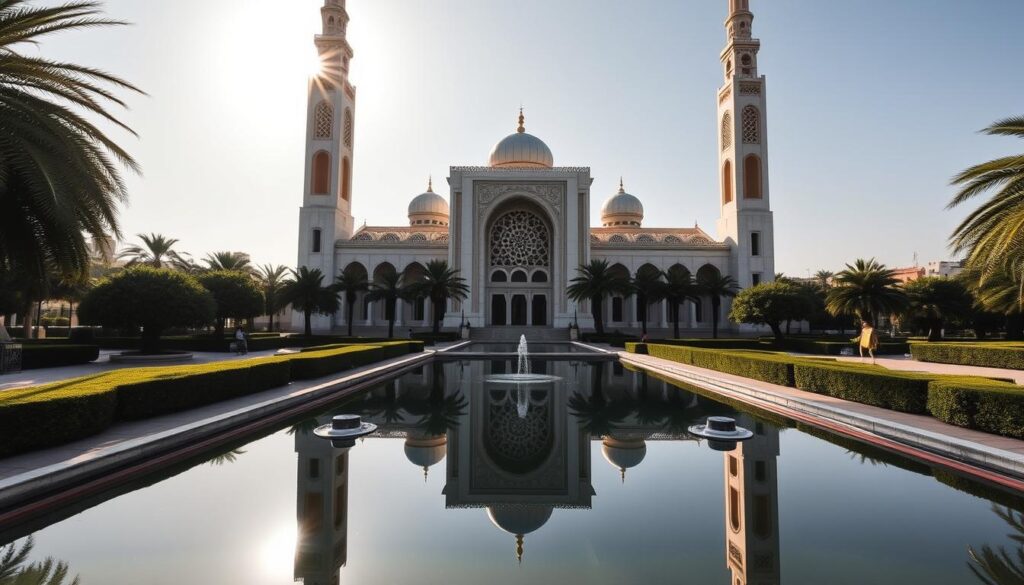 A grand, majestic mosque standing tall against the Casablanca skyline, the Hassan II Mosque's ornate architecture and towering minaret commanding attention. Sunlight filters through the intricate latticed windows, casting a warm glow across the white marble facade. In the foreground, a tranquil reflecting pool mirrors the mosque's stunning silhouette. Lush, verdant gardens surround the structure, creating a serene oasis in the heart of Morocco's modern metropolis. The scene exudes a sense of timeless elegance and cultural heritage. MyVisitMorocco A grand, majestic mosque standing tall against the Casablanca skyline, the Hassan II Mosque's ornate architecture and towering minaret commanding attention. Sunlight filters through the intricate latticed windows, casting a warm glow across the white marble facade. In the foreground, a tranquil reflecting pool mirrors the mosque's stunning silhouette. Lush, verdant gardens surround the structure, creating a serene oasis in the heart of Morocco's modern metropolis. The scene exudes a sense of timeless elegance and cultural heritage. MyVisitMorocco
