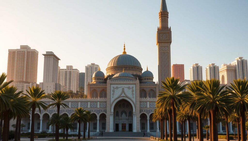 A grand, majestic mosque standing tall against the Casablanca skyline. The Hassan II Mosque, with its breathtaking minaret and ornate architecture, dominates the foreground. Intricate tilework and ornamental details create a captivating middle ground, while the city's modern high-rises and palm trees form the backdrop. Warm, golden sunlight bathes the scene, evoking a sense of warmth and serenity. The image conveys the harmony between Casablanca's ancient and contemporary elements, showcasing the city's unique blend of tradition and modernity. MyVisitMorocco A grand, majestic mosque standing tall against the Casablanca skyline. The Hassan II Mosque, with its breathtaking minaret and ornate architecture, dominates the foreground. Intricate tilework and ornamental details create a captivating middle ground, while the city's modern high-rises and palm trees form the backdrop. Warm, golden sunlight bathes the scene, evoking a sense of warmth and serenity. The image conveys the harmony between Casablanca's ancient and contemporary elements, showcasing the city's unique blend of tradition and modernity. MyVisitMorocco