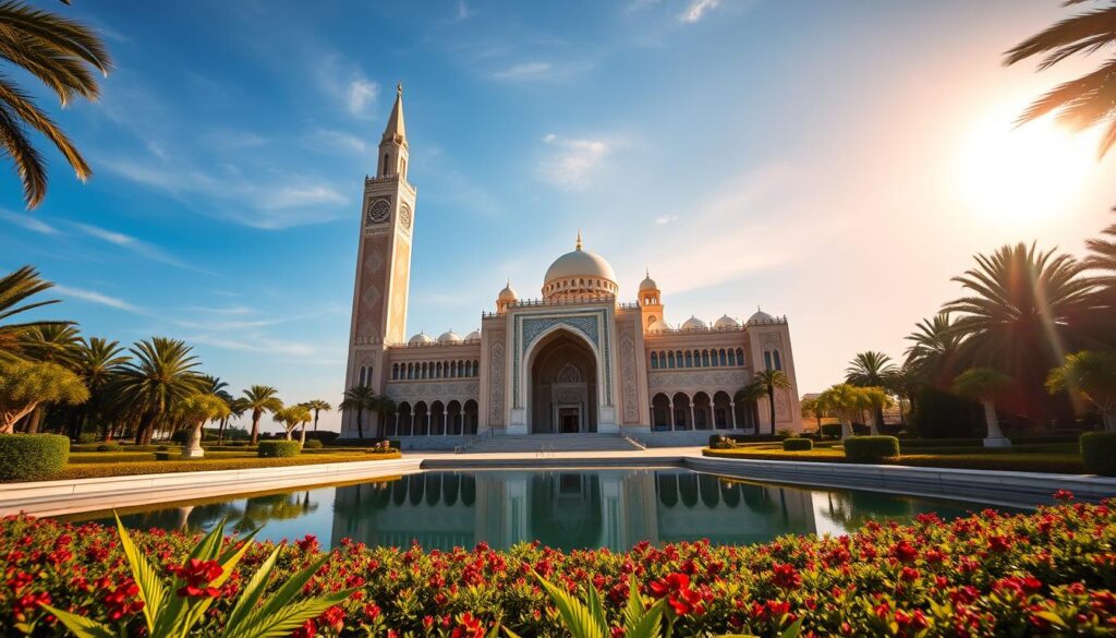A grand, majestic mosque standing tall against the azure sky of Casablanca. The Hassan II Mosque, a stunning architectural marvel, with its towering minaret and intricate facades adorned with traditional Moroccan motifs. In the foreground, a serene reflecting pool mirrors the mosque's grandeur, while lush greenery and ornate landscaping frame the breathtaking scene. Sunlight streams in, casting warm, golden hues that accentuate the mosque's ornate details. MyVisitMorocco - Capturing the essence of Casablanca's modern metropolis. A grand, majestic mosque standing tall against the azure sky of Casablanca. The Hassan II Mosque, a stunning architectural marvel, with its towering minaret and intricate facades adorned with traditional Moroccan motifs. In the foreground, a serene reflecting pool mirrors the mosque's grandeur, while lush greenery and ornate landscaping frame the breathtaking scene. Sunlight streams in, casting warm, golden hues that accentuate the mosque's ornate details. MyVisitMorocco - Capturing the essence of Casablanca's modern metropolis.