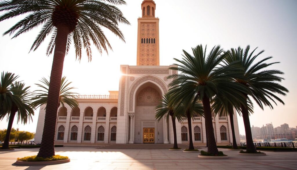 A grand, majestic mosque standing tall against the vibrant Casablanca skyline. The Hassan II Mosque, with its ornate, intricate architecture and towering minaret, commands attention. Sunlight filters through the grand arched entryway, casting a warm glow across the stunning white marble and intricate tilework. In the foreground, a serene plaza invites visitors to pause and take in the splendor of this architectural masterpiece. The middle ground features the mosque's iconic silhouette, framed by swaying palm trees and the bustling city beyond. MyVisitMorocco - Capturing the essence of Casablanca's cultural and architectural heritage. A grand, majestic mosque standing tall against the vibrant Casablanca skyline. The Hassan II Mosque, with its ornate, intricate architecture and towering minaret, commands attention. Sunlight filters through the grand arched entryway, casting a warm glow across the stunning white marble and intricate tilework. In the foreground, a serene plaza invites visitors to pause and take in the splendor of this architectural masterpiece. The middle ground features the mosque's iconic silhouette, framed by swaying palm trees and the bustling city beyond. MyVisitMorocco - Capturing the essence of Casablanca's cultural and architectural heritage.