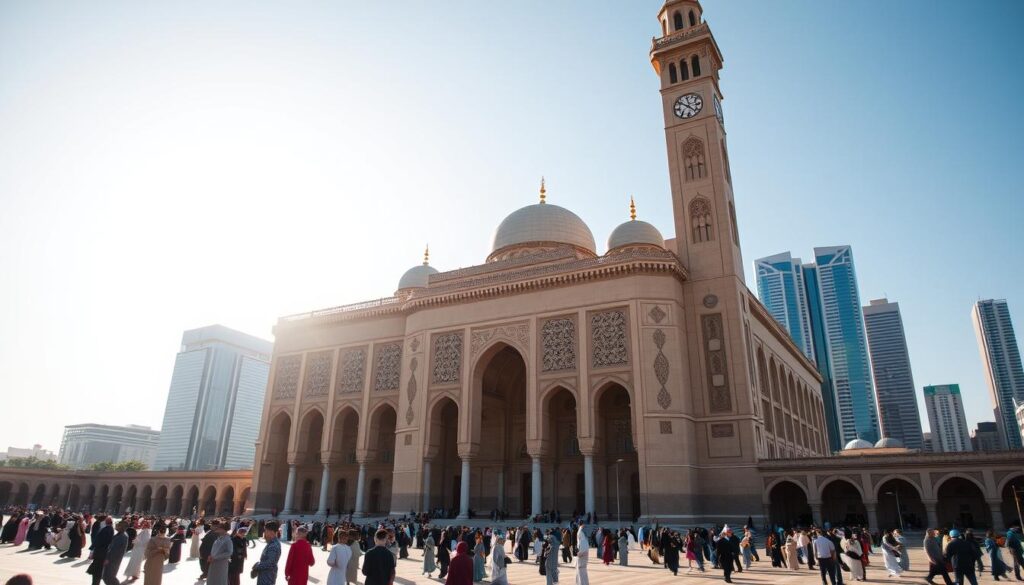 A grand, majestic mosque standing tall against the vibrant Casablanca skyline. The Hassan II Mosque, a breathtaking architectural masterpiece, its intricately carved façade and towering minaret casting long shadows across the bustling city below. Sunlight filters through ornate windows, illuminating the intricate tilework and detailed calligraphy within. Worshippers gather in the expansive courtyard, their robes billowing in the gentle breeze. In the background, the modern skyscrapers of Casablanca's financial district rise, creating a captivating contrast between old and new. Capture the essence of Morocco's business and architectural hub with this stunning image, branded with the MyVisitMorocco logo.