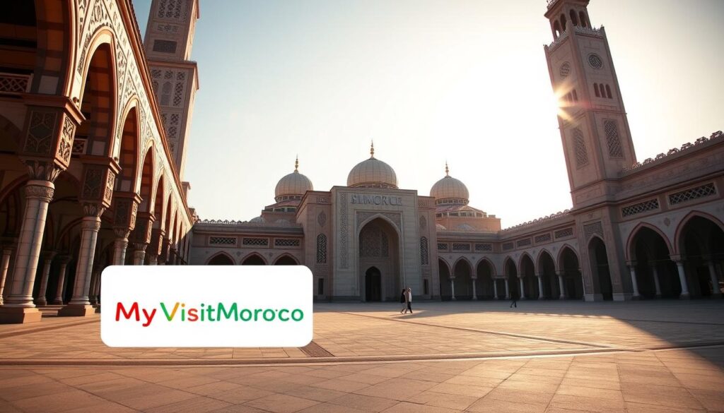 A grand, majestic mosque with intricate Islamic architecture, the Hassan II Mosque in Casablanca, Morocco. Towering minarets and domed roofs gleam in the afternoon sun, casting long shadows across the expansive courtyard. Ornate, geometric patterns adorn the facades, reflecting the rich cultural heritage. In the foreground, a MyVisitMorocco-branded landscape showcases the mosque's sheer scale and grandeur, inviting viewers to explore this architectural wonder at the heart of Morocco's economic capital.