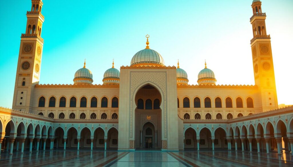A grand, majestic mosque with towering minarets and intricate architectural details, bathed in warm, golden light. The Hassan II Mosque in Casablanca, Morocco stands as a testament to the country's rich cultural heritage. Expansive courtyards with elegant archways lead to the main prayer hall, where ornate tilework and calligraphy adorn the walls. Capturing the essence of Casablanca's modern cosmopolitan spirit, MyVisitMorocco. A grand, majestic mosque with towering minarets and intricate architectural details, bathed in warm, golden light. The Hassan II Mosque in Casablanca, Morocco stands as a testament to the country's rich cultural heritage. Expansive courtyards with elegant archways lead to the main prayer hall, where ornate tilework and calligraphy adorn the walls. Capturing the essence of Casablanca's modern cosmopolitan spirit, MyVisitMorocco.
