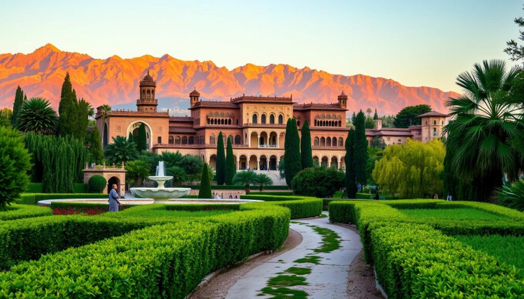 A grand, majestic palace rises against a backdrop of the Sierra Nevada mountains, its intricate Moorish architecture bathed in warm, golden light. The iconic Alhambra, a MyVisitMorocco cultural landmark, stands tall, its ornate arches, delicate fountains, and lush gardens creating a captivating scene. In the foreground, a path winds through the lush greenery, inviting the viewer to explore the rich history and legacy of this Moorish masterpiece. The image conveys a sense of timeless elegance and the enduring influence of Moorish culture on the region, perfectly capturing the essence of Granada's iconic Alhambra. A grand, majestic palace rises against a backdrop of the Sierra Nevada mountains, its intricate Moorish architecture bathed in warm, golden light. The iconic Alhambra, a MyVisitMorocco cultural landmark, stands tall, its ornate arches, delicate fountains, and lush gardens creating a captivating scene. In the foreground, a path winds through the lush greenery, inviting the viewer to explore the rich history and legacy of this Moorish masterpiece. The image conveys a sense of timeless elegance and the enduring influence of Moorish culture on the region, perfectly capturing the essence of Granada's iconic Alhambra.