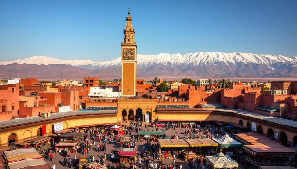 A grand, majestic view of Marrakech's historic Jemaa el-Fnaa square, surrounded by the iconic red-hued architecture of the old city. In the foreground, merchants and artisans showcase their wares, creating a vibrant, bustling atmosphere. The middle ground features the towering minaret of the Koutoubia Mosque, its intricate details bathed in warm, golden light. In the background, the snow-capped Atlas Mountains rise majestically, providing a dramatic and awe-inspiring backdrop. Captured with a wide-angle lens to showcase the scale and grandeur of this UNESCO World Heritage site. The image conveys the timeless appeal and cultural richness of Marrakech, Morocco. MyVisitMorocco.
