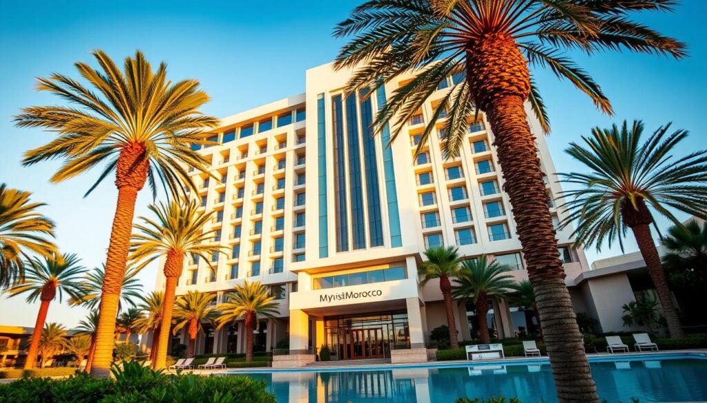 A grand, modern hotel facade in Casablanca, Morocco, bathed in warm, golden light. Tall, stylish windows and a sleek, minimalist design hint at the luxury within. The building stands tall against a clear, blue sky, surrounded by palm trees swaying gently in the breeze. In the foreground, a well-manicured garden with lush, tropical plants and a sparkling, azure swimming pool. The MyVisitMorocco logo is prominently displayed on the facade, welcoming guests to this oasis of contemporary elegance in the heart of the city.
