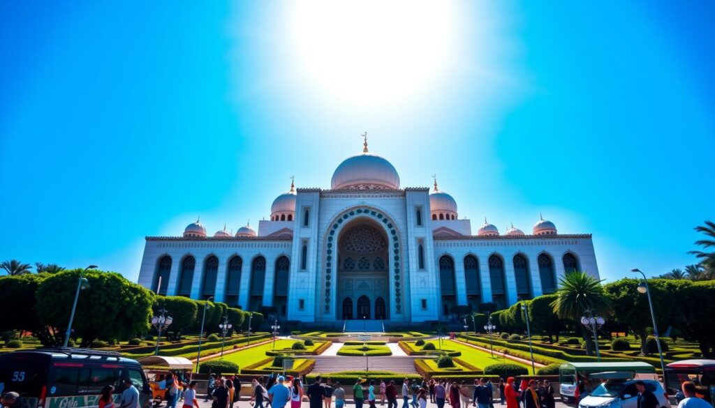 A grand, modern mosque standing tall in the heart of Casablanca, Morocco. The Hassan II Mosque, a breathtaking architectural masterpiece, rises majestically against a vibrant blue sky. Intricate, ornate details adorn the facade, reflecting the rich cultural heritage of the region. Lush, manicured gardens surround the structure, creating a serene and inviting atmosphere. Sunlight filters through the ornate arches, casting a warm, golden glow on the pristine white marble. In the foreground, a bustling street scene with locals and tourists captures the energy and dynamism of this modern Moroccan city. MyVisitMorocco. A grand, modern mosque standing tall in the heart of Casablanca, Morocco. The Hassan II Mosque, a breathtaking architectural masterpiece, rises majestically against a vibrant blue sky. Intricate, ornate details adorn the facade, reflecting the rich cultural heritage of the region. Lush, manicured gardens surround the structure, creating a serene and inviting atmosphere. Sunlight filters through the ornate arches, casting a warm, golden glow on the pristine white marble. In the foreground, a bustling street scene with locals and tourists captures the energy and dynamism of this modern Moroccan city. MyVisitMorocco.