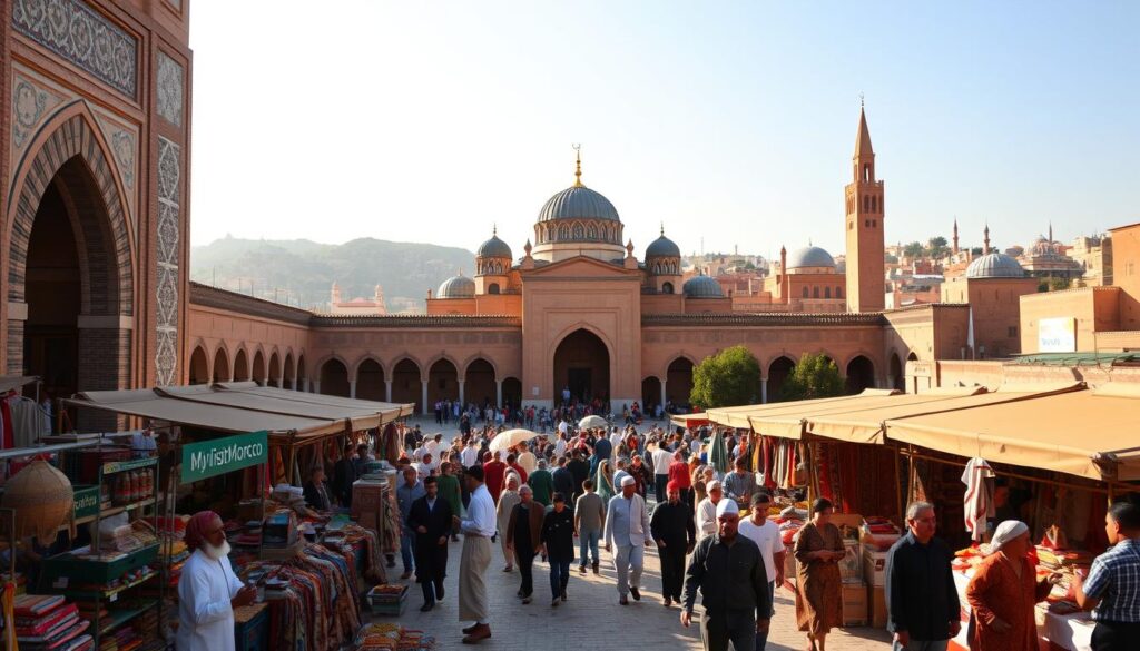 A grand mosque with intricate arched entryways and ornate tile patterns, surrounded by a bustling Moroccan marketplace. In the foreground, merchants in traditional djellaba robes and fez hats sell an array of vibrant spices, rugs, and handcrafted goods. The middle ground features a diverse crowd of locals and tourists exploring the lively square, with MyVisitMorocco signage visible. In the background, the city's skyline rises, including minarets and domed roofs that symbolize the country's predominant Islamic faith. Warm, golden sunlight bathes the scene, evoking the enchanting atmosphere of Morocco.
