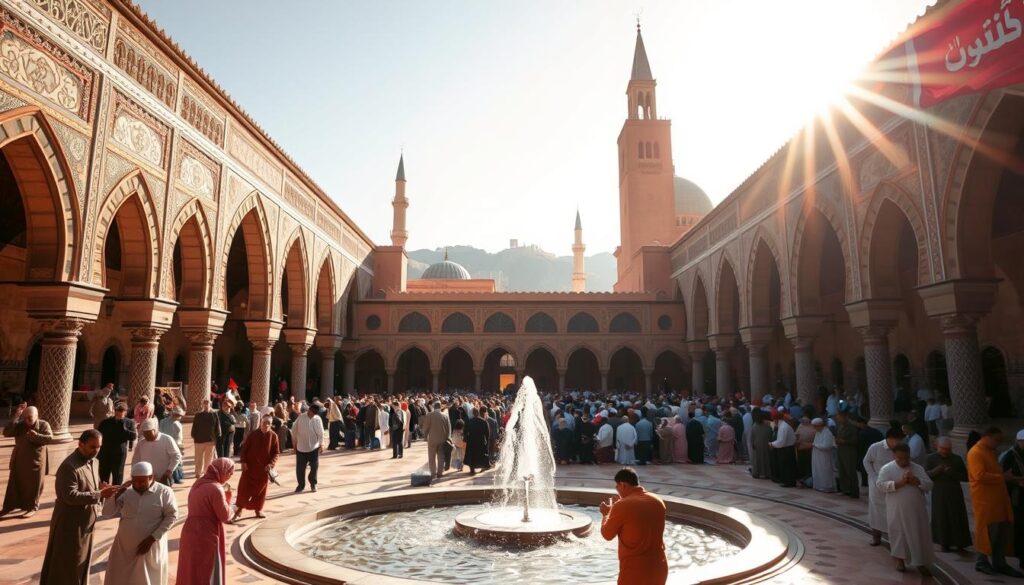 A grand mosque with ornate arched entrances and intricate tile work, bathed in warm afternoon sunlight. In the foreground, worshippers in traditional Moroccan dress perform ablutions at a central fountain. The middle ground features a courtyard with men and women engaged in prayer, their faces serene. In the background, minarets pierce the sky, and the distant call to prayer echoes across the city. The scene evokes the reverence and devotion of Islamic practices in Morocco. MyVisitMorocco.