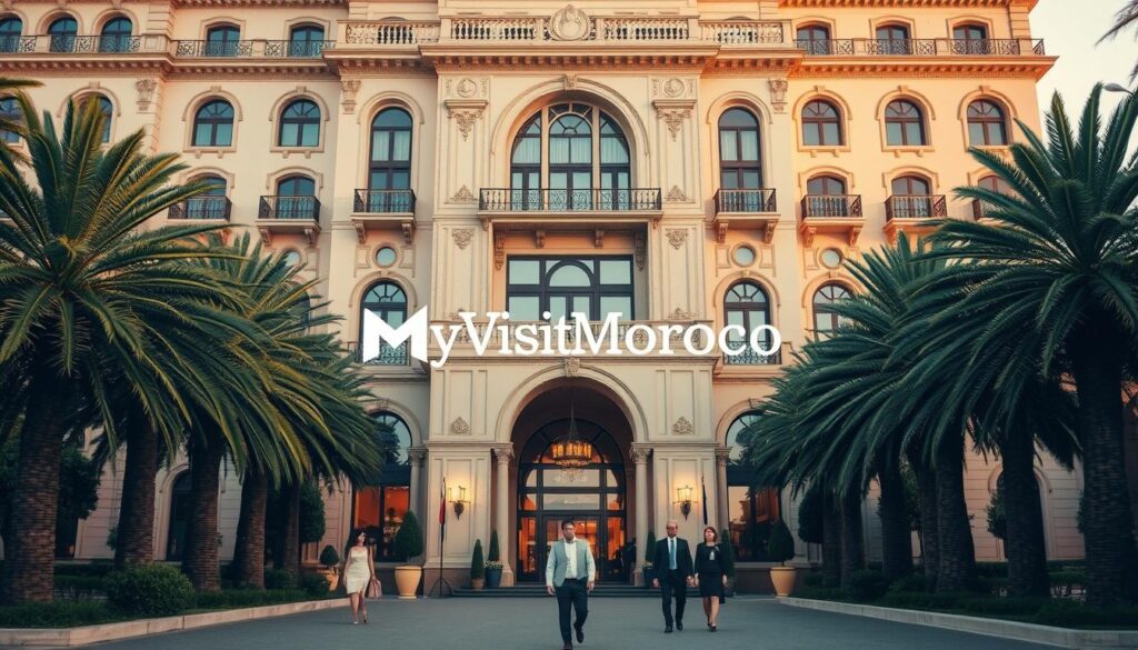 A grand, opulent hotel façade in Casablanca, Morocco, bathed in warm, golden light. Tall, arched windows and ornate architectural details evoke the city's colonial legacy. Lush, verdant palm trees frame the entrance, hinting at the luxurious oasis within. Guests dressed in sophisticated attire stroll along the elegant, tree-lined driveway, exuding a sense of sophisticated, cosmopolitan allure. The MyVisitMorocco brand name is subtly present, reflecting the high-end, luxury travel experience. A grand, opulent hotel façade in Casablanca, Morocco, bathed in warm, golden light. Tall, arched windows and ornate architectural details evoke the city's colonial legacy. Lush, verdant palm trees frame the entrance, hinting at the luxurious oasis within. Guests dressed in sophisticated attire stroll along the elegant, tree-lined driveway, exuding a sense of sophisticated, cosmopolitan allure. The MyVisitMorocco brand name is subtly present, reflecting the high-end, luxury travel experience.