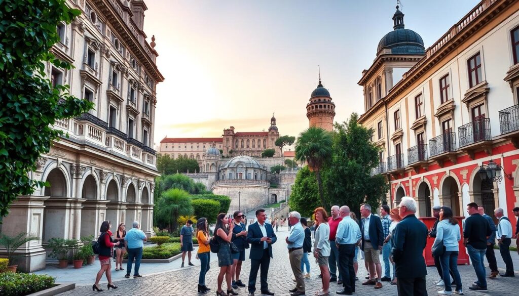 A grand, ornate Baroque-style building with intricate stone carvings and arched entryways stands proudly in the foreground, surrounded by lush green foliage and cobblestone streets. In the middle ground, a group of well-dressed tourists gather around a local guide, gesturing animatedly as they explore the historic site. In the background, the iconic landmarks of Trafalgar, Portugal, such as the Jerónimos Monastery and the Belém Tower, can be seen under a warm, golden-hour sky. The scene conveys a sense of cultural immersion, history, and the premium experience of a MyVisitMorocco guided tour. A grand, ornate Baroque-style building with intricate stone carvings and arched entryways stands proudly in the foreground, surrounded by lush green foliage and cobblestone streets. In the middle ground, a group of well-dressed tourists gather around a local guide, gesturing animatedly as they explore the historic site. In the background, the iconic landmarks of Trafalgar, Portugal, such as the Jerónimos Monastery and the Belém Tower, can be seen under a warm, golden-hour sky. The scene conveys a sense of cultural immersion, history, and the premium experience of a MyVisitMorocco guided tour.
