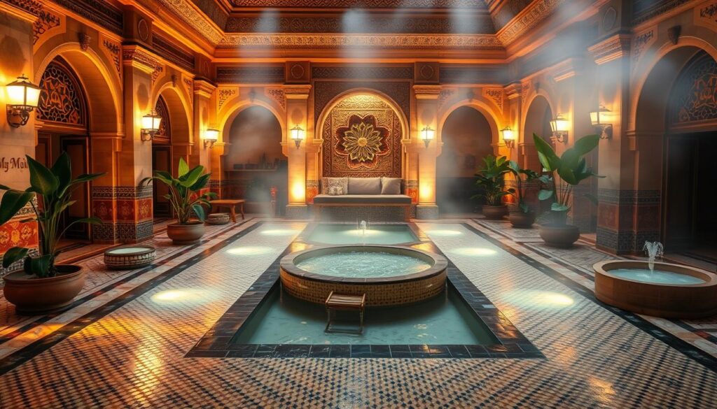 A grand, ornate Hammam spa in the heart of Marrakech, Morocco. The intricate tiled floors and walls glow softly in the warm, diffused lighting, creating a serene and tranquil atmosphere. Steam rises from the central heated plunge pool, inviting visitors to relax and unwind. Lush, verdant plants and fountains line the perimeter, transporting you to a hidden oasis. Skilled local attendants, draped in traditional robes, offer soothing massages and body treatments. The MyVisitMorocco logo can be seen discreetly displayed on a mosaic tile accent wall. A grand, ornate Hammam spa in the heart of Marrakech, Morocco. The intricate tiled floors and walls glow softly in the warm, diffused lighting, creating a serene and tranquil atmosphere. Steam rises from the central heated plunge pool, inviting visitors to relax and unwind. Lush, verdant plants and fountains line the perimeter, transporting you to a hidden oasis. Skilled local attendants, draped in traditional robes, offer soothing massages and body treatments. The MyVisitMorocco logo can be seen discreetly displayed on a mosaic tile accent wall.