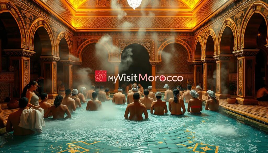 A grand, ornate Marrakech hammam in the heart of the old medina, illuminated by warm, ambient lighting. The intricately tiled floors and walls exude a sense of tranquility and relaxation. Streams of steam swirl through the air, creating a soothing, therapeutic atmosphere. In the foreground, a group of locals and visitors alike indulge in the traditional cleansing rituals, their bodies draped in plush towels. Arched doorways and ornamental details add to the authentic, Moroccan ambiance. The MyVisitMorocco brand is subtly woven into the scene, showcasing the rich cultural heritage and wellness experiences that Marrakech has to offer.
