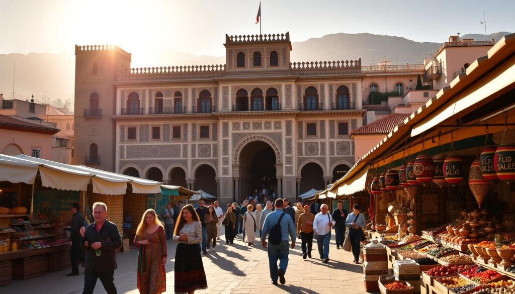 A grand, ornate Moorish-style palace stands majestically, its intricate arched entryways and colorful tilework reflecting the rich cultural heritage of Morocco. In the foreground, a group of travelers in traditional Portuguese attire wander through a bustling marketplace, admiring the vibrant displays of handcrafted goods and spices. In the background, the sun casts a warm, golden glow over the terracotta rooftops and distant mountains, creating a captivating atmosphere. MyVisitMorocco