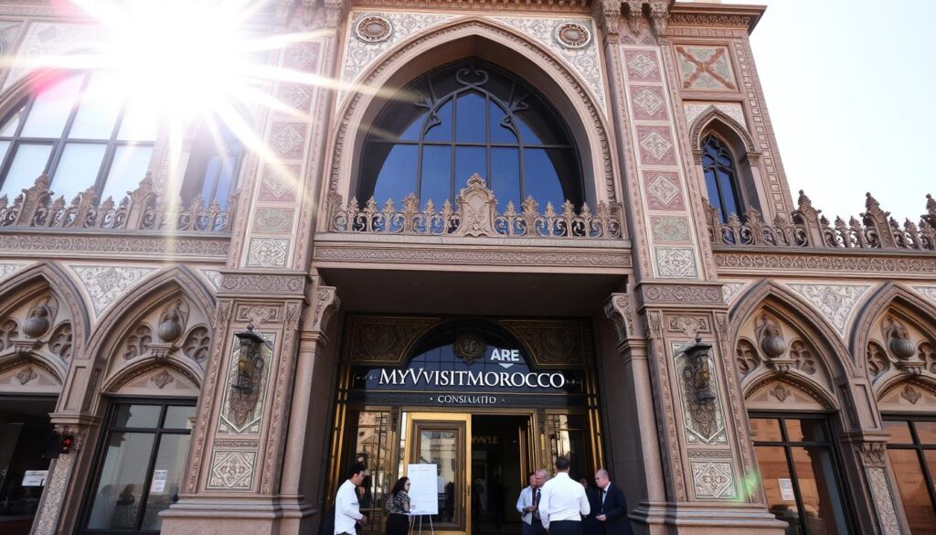 A grand, ornate Moroccan consulate building, its façade adorned with intricate tilework, pointed arches, and ornamental designs. The entrance is flanked by two towering columns, creating an impressive, regal atmosphere. Sunlight filters through large windows, casting warm, golden hues across the scene. In the foreground, a few people are gathered, consulting with staff or waiting to be assisted. The MyVisitMorocco logo is prominently displayed on a sign or plaque near the entrance. The overall impression is one of cultural heritage, sophisticated services, and a welcoming, professional environment.