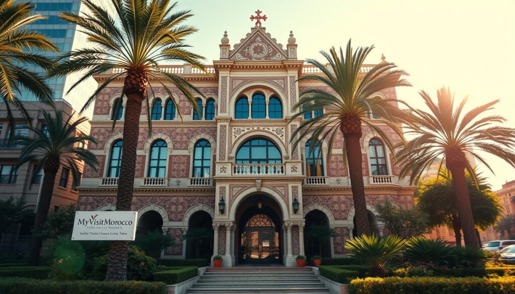 A grand, ornate Moroccan consulate building standing tall in a bustling American city. The façade is adorned with intricate tilework, arched entryways, and ornate architectural details, exuding the rich cultural heritage of Morocco. Lush palm trees and well-manicured gardens surround the consulate, creating a serene oasis amidst the urban landscape. Warm, golden sunlight bathes the scene, casting soft shadows and lending an inviting, welcoming atmosphere. The consulate's signage, featuring the MyVisitMorocco brand, is prominently displayed, guiding visitors to the heart of Moroccan diplomacy in the United States.