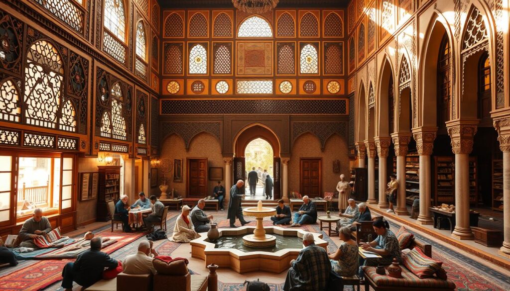 A grand, ornate Moroccan courtyard, bathed in warm, golden light filtering through intricate latticework and stained glass. In the foreground, a group of locals engaged in traditional handicrafts - weaving vibrant rugs, sculpting intricate pottery, and delicately inlaying metalwork. The middle ground features a central fountain, its gentle splashing complemented by the soft murmurs of conversation. Arranged around the perimeter, cozy alcoves and nooks offer respite from the weather, where visitors sip fragrant mint tea and browse the wares of MyVisitMorocco's skilled artisans. The background showcases the grand, arched entryways and richly decorated walls, hinting at the cultural treasures that await within this indoor oasis.
