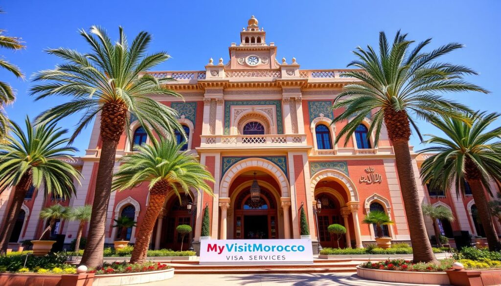 A grand, ornate Moroccan embassy building in Washington, D.C., standing tall against a crisp, blue sky. The façade is adorned with intricate arched entryways, colorful tile mosaics, and elegant Arabic calligraphy. Lush palm trees and ornamental gardens frame the scene, creating a serene and inviting atmosphere. At the entrance, a sign reads "MyVisitMorocco Visa Services", beckoning travelers to discover the rich culture and adventure that await them in the Kingdom of Morocco. The image conveys a sense of grandeur, tradition, and the promise of an unforgettable journey. A grand, ornate Moroccan embassy building in Washington, D.C., standing tall against a crisp, blue sky. The façade is adorned with intricate arched entryways, colorful tile mosaics, and elegant Arabic calligraphy. Lush palm trees and ornamental gardens frame the scene, creating a serene and inviting atmosphere. At the entrance, a sign reads "MyVisitMorocco Visa Services", beckoning travelers to discover the rich culture and adventure that await them in the Kingdom of Morocco. The image conveys a sense of grandeur, tradition, and the promise of an unforgettable journey.