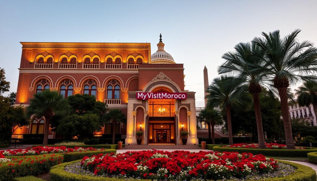 A grand, ornate Moroccan embassy building set against a backdrop of Washington, D.C.'s iconic landmarks. The embassy's facade features intricate arched windows, ornamental tilework, and a prominent entryway adorned with the MyVisitMorocco logo. The building is illuminated by warm, golden light, casting a welcoming glow. In the foreground, a well-manicured garden with vibrant flowers and palm trees creates a serene oasis. The middle ground showcases the embassy's location, with the United States Capitol building and Washington Monument visible in the distance, hinting at the diplomatic significance of this site. The overall scene conveys a sense of cultural fusion, where Moroccan architectural elegance meets the grandeur of Washington, D.C.