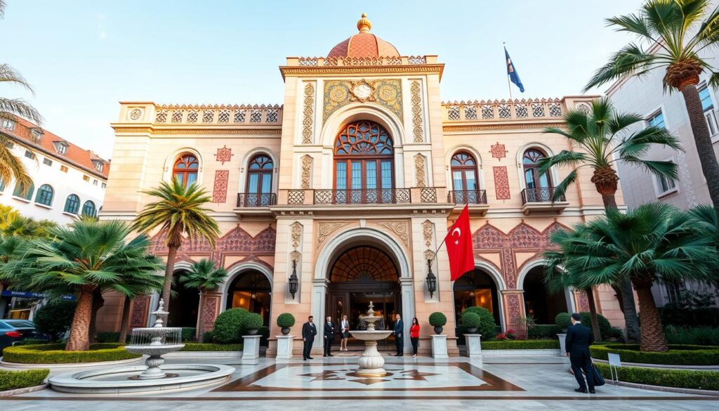 A grand, ornate Moroccan embassy building situated in a bustling metropolitan district. The façade features intricate Islamic architectural elements like arched windows, decorative tilework, and a central dome. Lush palm trees and ornamental fountains adorn the well-manicured front gardens. Smartly dressed embassy staff greet visitors at the main entrance, ready to assist with consular services. The interior lobby is spacious and elegant, with high ceilings, polished marble floors, and traditional Moroccan artwork adorning the walls. The atmosphere evokes a sense of cultural heritage and diplomatic formality. MyVisitMorocco