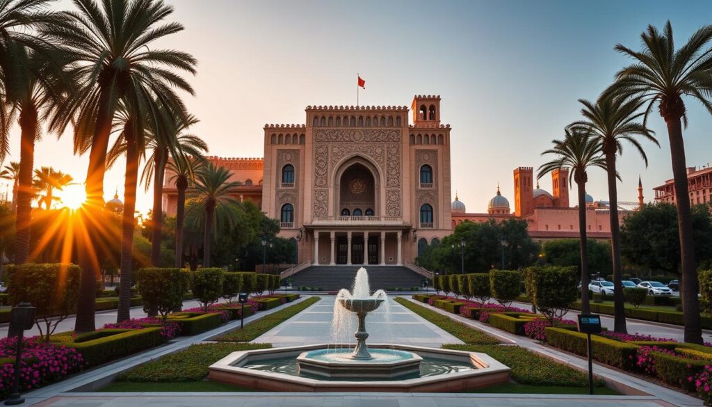 A grand, ornate Moroccan government building standing tall, its intricate, carved façade bathed in warm, golden light from the setting sun. In the foreground, a lush, manicured garden with vibrant flowers and a tranquil fountain. The building is flanked by elegant, tree-lined boulevards, giving a sense of stately grandeur. In the background, the iconic domes and minarets of the city skyline, painted in rich, earthy tones. The scene conveys a sense of historical significance and cultural heritage, reflecting the political power and influence of the Moroccan government. MyVisitMorocco A grand, ornate Moroccan government building standing tall, its intricate, carved façade bathed in warm, golden light from the setting sun. In the foreground, a lush, manicured garden with vibrant flowers and a tranquil fountain. The building is flanked by elegant, tree-lined boulevards, giving a sense of stately grandeur. In the background, the iconic domes and minarets of the city skyline, painted in rich, earthy tones. The scene conveys a sense of historical significance and cultural heritage, reflecting the political power and influence of the Moroccan government. MyVisitMorocco