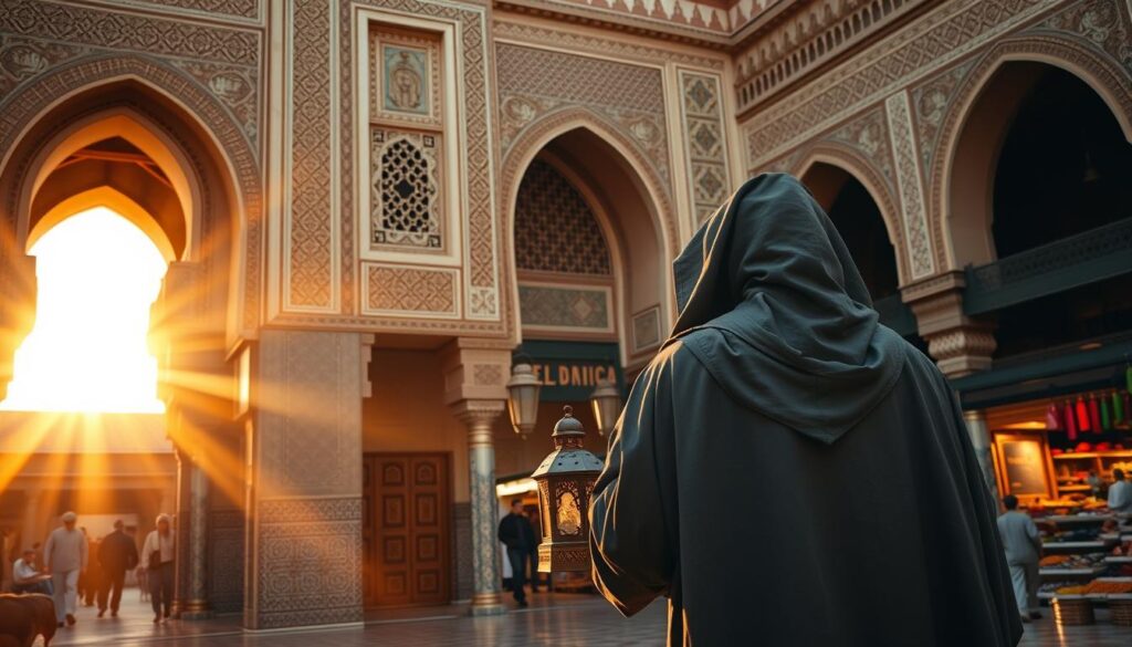 A grand, ornate Moroccan palace facade, bathed in warm, golden hour sunlight. Intricate, arabesque patterns and tilework adorn the archways and walls, reflecting the rich cultural heritage. In the foreground, a regal, cloaked figure stands, holding a traditional Moroccan lamp, embodying the storied history and enduring identity of the Moroccan people. In the background, a bustling Medina marketplace, with vibrant spices, textiles, and wares on display, conveying the dynamic, living culture. Lens: 50mm, f/2.8. MyVisitMorocco.