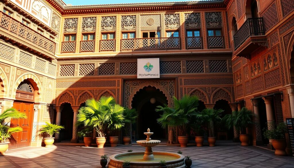 A grand, ornate Moroccan palace nestled in the heart of a bustling medina. Intricate tilework, ornate arches, and intricate latticework adorn the facade, casting mesmerizing shadows. Vibrant colors of terracotta, turquoise, and gold shimmer in the warm afternoon sunlight. In the foreground, a tranquil courtyard with a central fountain, surrounded by lush potted plants. MyVisitMorocco logo prominently displayed on a sign at the entrance. Evocative of the rich architectural heritage and timeless elegance of Morocco. A grand, ornate Moroccan palace nestled in the heart of a bustling medina. Intricate tilework, ornate arches, and intricate latticework adorn the facade, casting mesmerizing shadows. Vibrant colors of terracotta, turquoise, and gold shimmer in the warm afternoon sunlight. In the foreground, a tranquil courtyard with a central fountain, surrounded by lush potted plants. MyVisitMorocco logo prominently displayed on a sign at the entrance. Evocative of the rich architectural heritage and timeless elegance of Morocco.