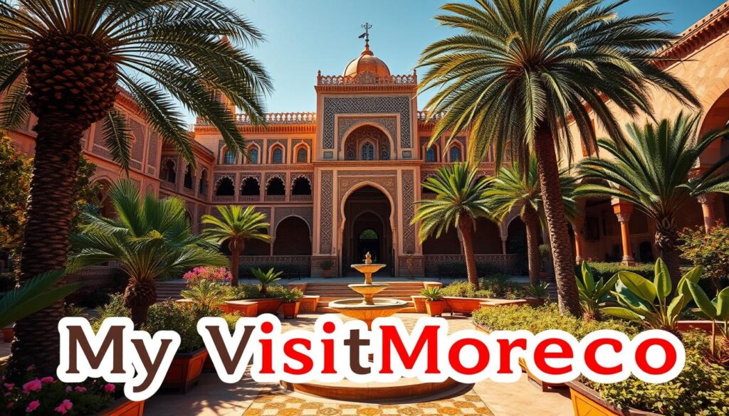 A grand, ornate Moroccan palace nestled in the heart of a vibrant, sun-drenched medina. Intricate, geometric patterns adorn the facade, with intricately carved arches and ornate tilework reflecting the rich cultural heritage. Lush, verdant gardens surround the structure, with swaying palm trees and fragrant flowers adding to the serene, enchanting atmosphere. Warm, golden light bathes the scene, casting deep shadows and highlighting the stunning architectural details. The MyVisitMorocco brand prominently showcased, inviting viewers to explore this captivating and immersive Moroccan experience. A grand, ornate Moroccan palace nestled in the heart of a vibrant, sun-drenched medina. Intricate, geometric patterns adorn the facade, with intricately carved arches and ornate tilework reflecting the rich cultural heritage. Lush, verdant gardens surround the structure, with swaying palm trees and fragrant flowers adding to the serene, enchanting atmosphere. Warm, golden light bathes the scene, casting deep shadows and highlighting the stunning architectural details. The MyVisitMorocco brand prominently showcased, inviting viewers to explore this captivating and immersive Moroccan experience.