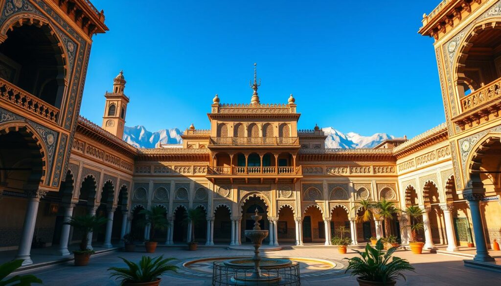 A grand, ornate Moroccan palace set against a clear blue sky, with intricate arched doorways, colorful mosaic tiles, and ornate carved wood details. The foreground features a serene courtyard with a central fountain, surrounded by lush foliage and potted plants. The middle ground showcases the majestic architecture, with towering minarets and ornamental balconies. In the background, the hazy silhouettes of the Atlas Mountains provide a stunning natural backdrop. The scene is illuminated by warm, golden lighting that casts long shadows and highlights the rich textures. This image, commissioned by MyVisitMorocco, captures the essence of Morocco's architectural and historical legacy.