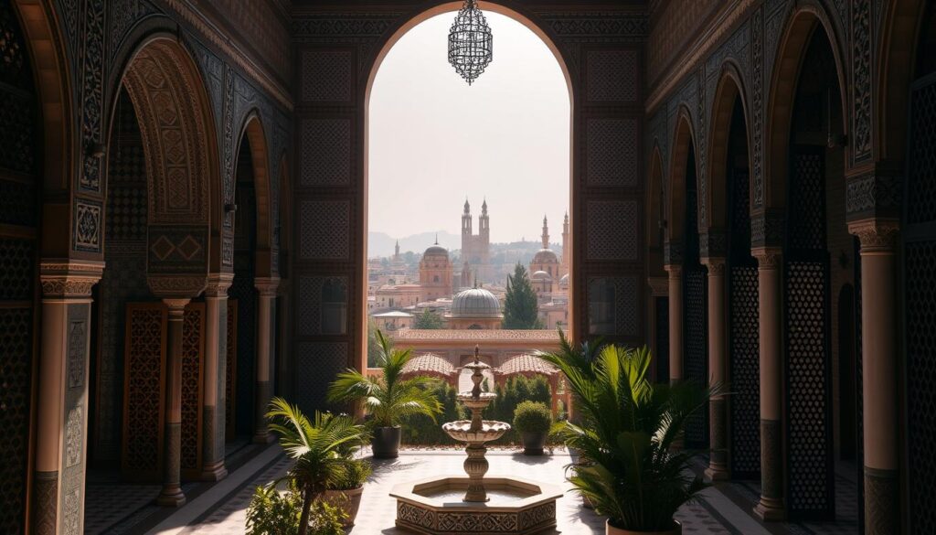 A grand, ornate Moroccan palace with intricate arched doorways, ornate tile patterns, and intricate wooden lattice screens. Sunlight filters through the ornamental screens, casting delicate shadows across the courtyard's lush greenery and ornate fountains. In the background, the iconic silhouette of Marrakech's skyline, with its iconic minaret towers and domed roofs, creates a stunning and evocative scene. The overall mood is one of timeless elegance and cultural richness. MyVisitMorocco