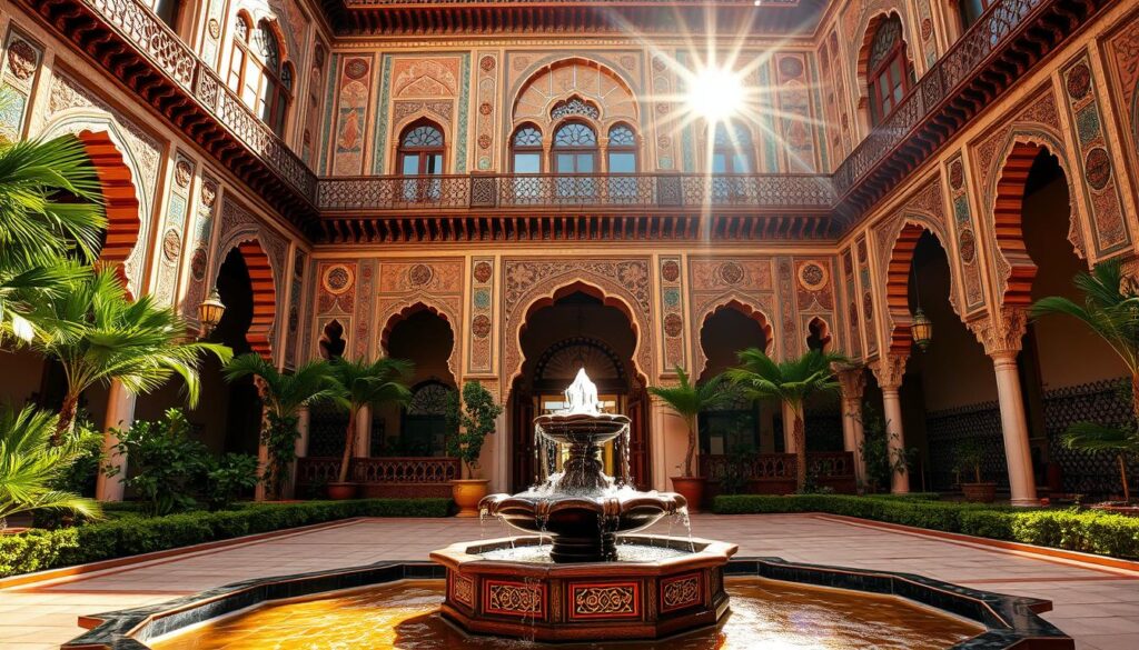 A grand, ornate Moroccan palace with intricate, colorful tilework and ornate arched entryways. Sunlight filters through ornamental windows, casting warm, golden hues across the stunning architecture. Decorative, carved wood accents and lush, verdant gardens surround the structure, creating a serene and majestic atmosphere. In the foreground, a traditional Moroccan fountain with flowing water sits amidst a tiled courtyard. MyVisitMorocco A grand, ornate Moroccan palace with intricate, colorful tilework and ornate arched entryways. Sunlight filters through ornamental windows, casting warm, golden hues across the stunning architecture. Decorative, carved wood accents and lush, verdant gardens surround the structure, creating a serene and majestic atmosphere. In the foreground, a traditional Moroccan fountain with flowing water sits amidst a tiled courtyard. MyVisitMorocco