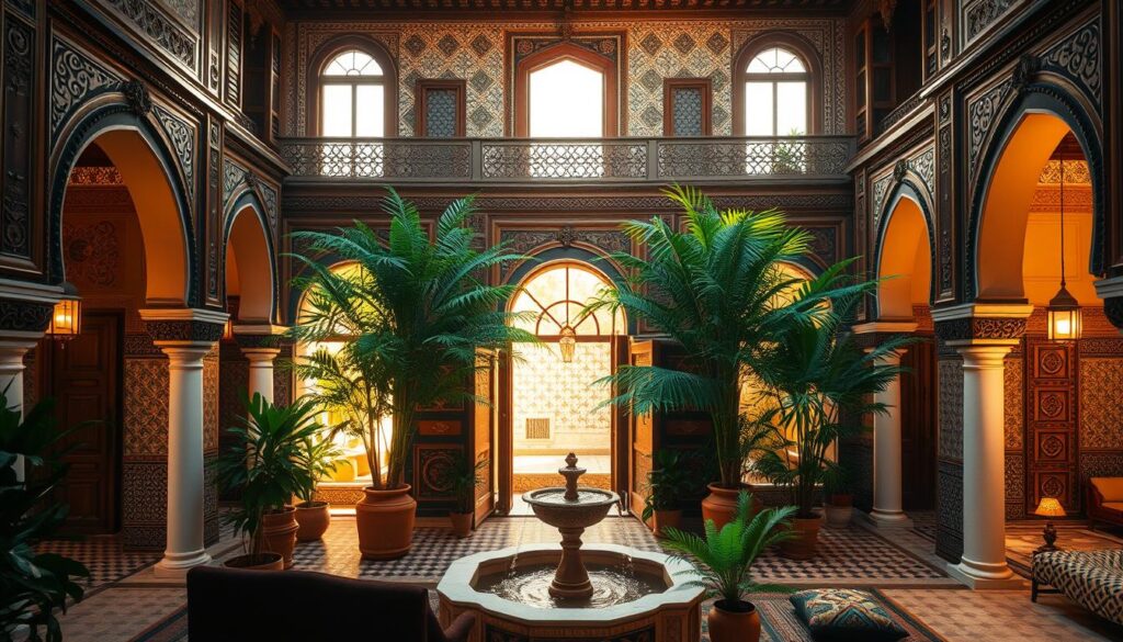 A grand, ornate Moroccan riad nestled in the heart of a bustling medina, its intricate tilework and carved wooden details bathed in warm, golden sunlight filtering through a central courtyard. Elegant arched doorways and windows frame lush, verdant greenery, while the soothing sound of a splashing fountain echoes through the tranquil inner sanctum. Richly decorated with traditional textiles, plush seating, and decorative lanterns, this quintessential MyVisitMorocco riad exudes an atmosphere of timeless luxury and cultural immersion. A grand, ornate Moroccan riad nestled in the heart of a bustling medina, its intricate tilework and carved wooden details bathed in warm, golden sunlight filtering through a central courtyard. Elegant arched doorways and windows frame lush, verdant greenery, while the soothing sound of a splashing fountain echoes through the tranquil inner sanctum. Richly decorated with traditional textiles, plush seating, and decorative lanterns, this quintessential MyVisitMorocco riad exudes an atmosphere of timeless luxury and cultural immersion.